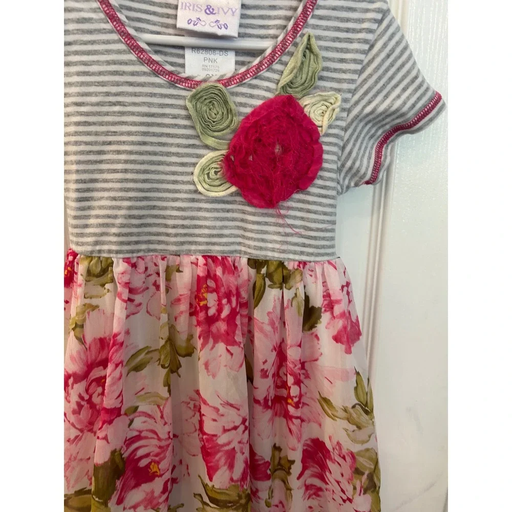 Iris & Ivy Dress Pink Floral Striped 3D Flower Tie Back R62808-DS 6X bin‎ A